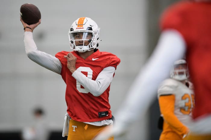 Tennessee QB Nico Iamaleava during Orange Bowl practices on December 17, 2022